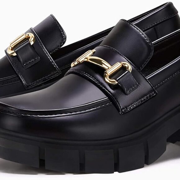 Womens Chunky Platform Loafers Faux Leather Mid Heel Slip-On Dress Shoes - Picture 4 of 6